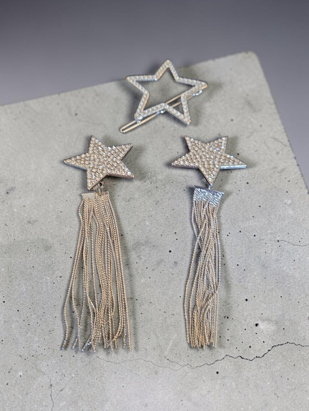Sassified Boutique Nwt Star Tassel Rhinestone Hair Clio & Earings  Silver